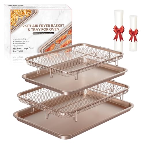 Image of Air Fryer Basket for Oven, THORSES 2 Set Oven Air Fryer Basket and Tray Set | with 60 Sheets Parchment Papers, Carbon Steel NonStick Air Fryer Pans and Tray-Large15 inchx11 inch & Medium13.4 inchx9.6 inch-Gold