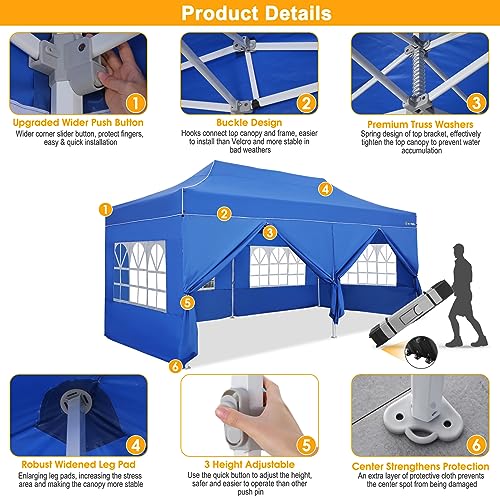 Image of HOTEEL 10x20 Heavy Duty Pop Up Canopy Tent with Sidewalls, Commercial Outdoor Canopy Tents for Parties Event Wedding with Roller Bag, Waterproof & UV 50+, Upgraded Thickened Hexagonal Legs, Blue