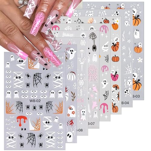 8 Sheets Nail Cute Ghost Nail Stickers for Nail Art 3D Self-Adhesive Pink Spider Web Pumpkin French Nail Art Decals Halloween Nail Art Supplies Goth Eye Starlight Nail Decals for Women DIY Manicure