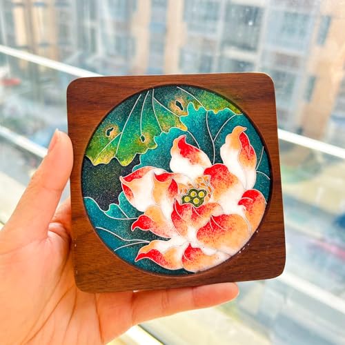 Kit de bricolage en émail cloisonné en forme de fleur de lotus, kit d'artisanat de sous-verre en bois de noyer, peinture en émail filigrane, bricolage, sous-verre pour adultes
