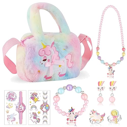Image of SANNIDHI Unicorn Crossbody Bag with Jewelry Set for Girls, Princess Plush Handbag Purse Beads Necklace Bracelet Earrings Rings and Stickers Set