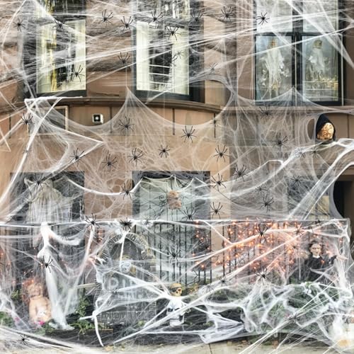 XJWZGM Halloween Deko Set Halloween Spinnennetz Dekorationen 200g Elastischer Spinnennetz 60 Realistisch Spinnen Hallowmas Deko Perfekt für Innen/Außen Garten Kamin Häuser Spukhaus&Partyzubehör