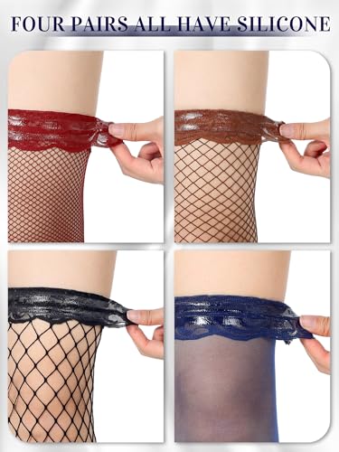 Image of Bencailor 4 /6 /12 Pairs Fishnet Thigh High Stocking for Women Silicone Lace Top Sheer Over Knee Stockings