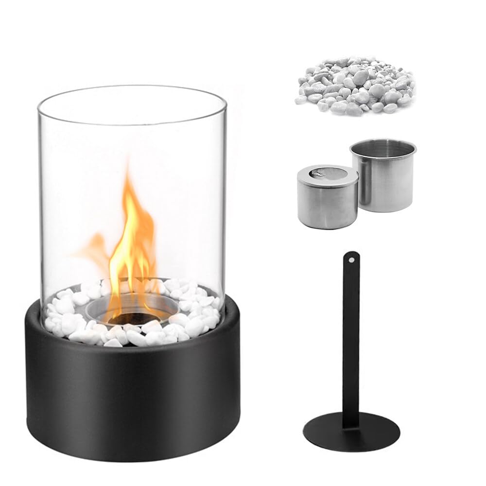 Gobesty Table Top Fire Pit, Tabletop Fire Bowl, Portable Bio Ethanol Table Top Fire with Cylinder Glass for Indoor Outdoor Patio Home Kitchen Party Living Room Garden Balcony(Black)