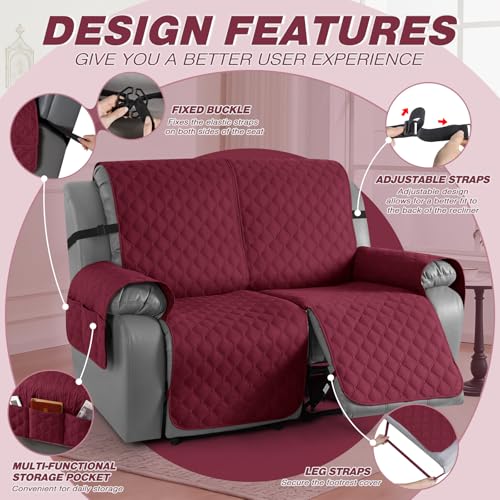 Image of TAOCOCO 100% Waterproof Recliner Covers, Recliner Sofa Covers with Leg Straps, Reversible Recliner Couch Cover for Reclining Chair, Washable Couch Protector for Pets Kids(2 Seater, Wine)