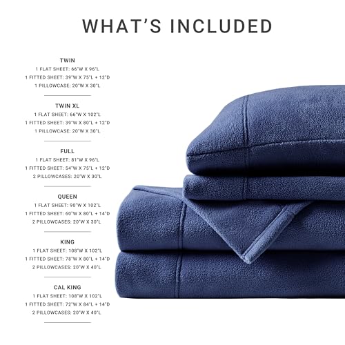 Image of True North by Sleep Philosophy Micro Fleece Bed Sheet Set, Warm, Sheets with 14 inch Deep Pocket, for Cold Season Cozy Sheet-Set, Matching Pillow Case, Cal King, Navy, 4 Piece