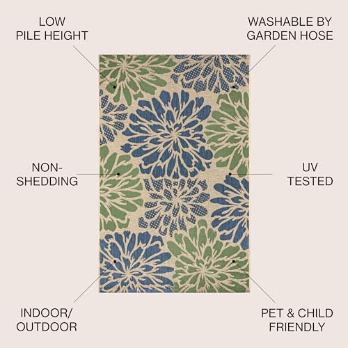 Image of JONATHAN Y Floral Textured Weave Indoor Outdoor Area Rug 5X8 Navy /Green, Zinnia Modern for Backyard, Patio, Porch, Easy-Cleaning, High Traffic, Pet-Friendly, Non-Shedding (SMB110B-5)