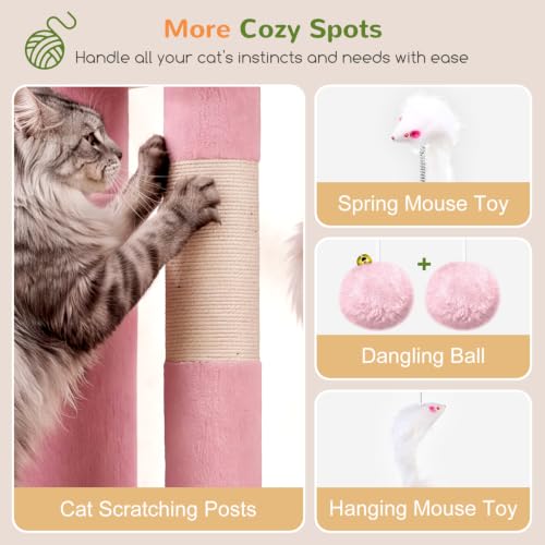 Image of Globlazer Cat Tree Tower for Indoor Cats, 50-inch Adult Cat Tree House for Large Adult Cats with Steps, Scratching Post, 2 Cat Caves, Dangling Toys, FC50, Pink