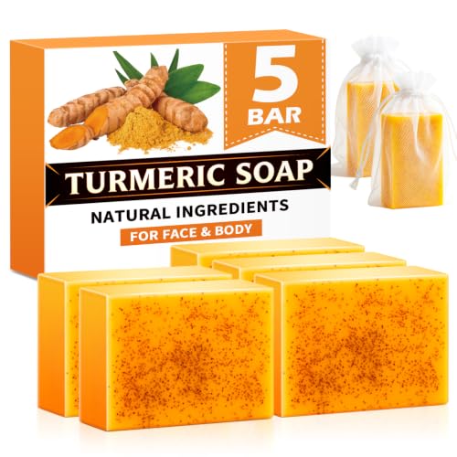 Treeroot 5 Pack Turmeric Soap 80g Kojic Acid and Turmeric Soap Bar Gently Clean the Face Contains Retinol Collagen Vitamin C Shea Butter Used for Face & Body SLS Free