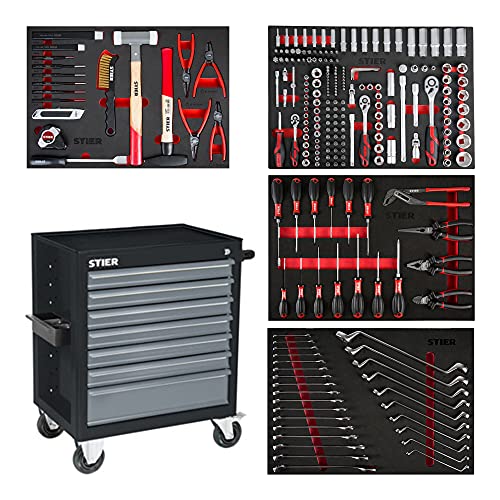 STIER Werkstattwagen Black, bestückt 241-teilig, Werkzeuge in Weichschaumeinlage (Eva), Tragkraft 300kg, 7 Schubladen