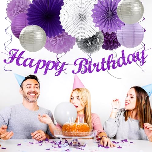 Image of Purple Lilac-Lavender Silver Women Birthday Party-Decorations - 21pc Happy Banner,Paper Lanterns Streamers,Tissue Pom Poms Honeycomb Flower Fan, Girls Hanging Decor Supplies Garland Backdrop Huglony