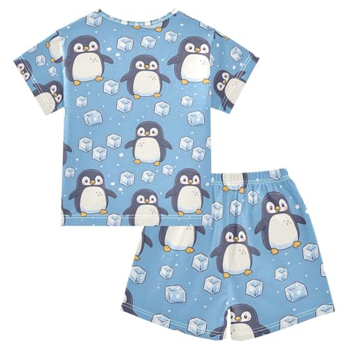 ALAZA Penguin Blue Cartoon Pajamas Set Short Sleeve Cotton Sleepwear Summer Pjs 2 Piece 5-14Y2