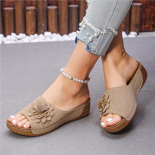 Comfortable Non-Slip Solid Color Open-Toe Wedge Sandals for Women Casual Slip on All Day Walking Thick Sole Comfy Slides(Khaki,US 9)3