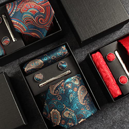 Image of Paisley Floral Mens Tie Formal Necktie Pocket Squares Ties Clips Cufflinks Classic for Men Set