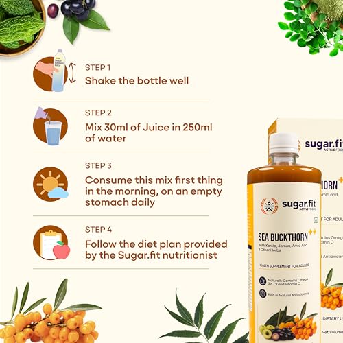 Image of Sugar.fit Himalayan Sea Buckthorn Juice 1000ml | Cold Pressed Seabuckthorn Berry Pulp with 14 Herbs - Amla, Karela, Jamun | Natural Vitamin C, Omega 3 6 7 9 | Immunity, Skin Glow & Gut Health