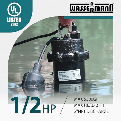 Image of WASSERMANN 1 /2 HP Sewage Pump with Auto Float Switch, 115V 5300 GPH Cast Iron Submersible Sewage Pump, Sump Pump for Basement Sump Basin Sewage Well 2 inch NPT Discharge with 10 FT Cable