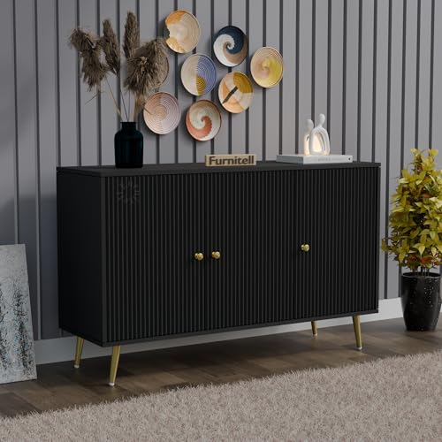 Image of Wooden Storage Cabinet for Living Room & Bedroom | Fluted Design Sideboard Cabinet with 3 Doors Storage Unit | Multipurpose Organizer for Entryway | HDMR Premium Wood | Gold Legs (Black)