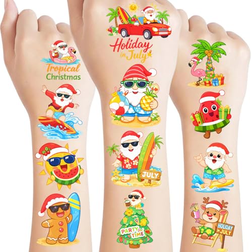 Christmas Xmas July Temporary Tattoos 96+ Festive Fake Tattoos Waterproof & Easy to Apply Holiday Party Favors Summer Santa Decorations & Supplies