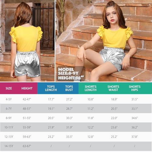 Image of Mirawise Girls Short Sets 2 Piece Outfits Metallic Shiny Shorts Ruffle Sleeve Shirt