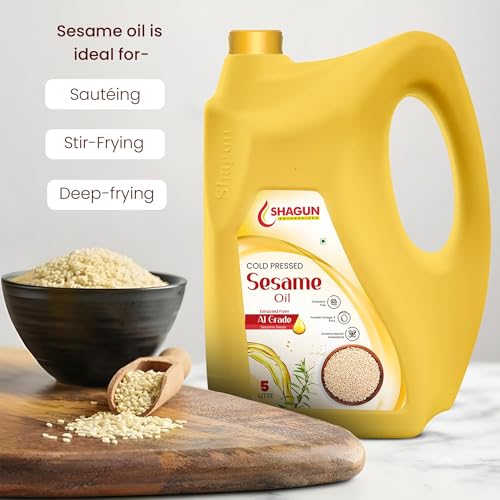 Image of Shagun Cold Pressed Sesame Oil 5 Litre (Gingelly Oil), 100% Pure and Natural Cooking Oil, Rich in Antioxidants and Omega 6, Extracted from A1 Grade Sesame Seeds, Goods for Heart Health