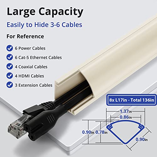 Image of ZhiYo 136in Corner Cable Hider for 3-5 Cords, Wall & Floor Cord Hider Beige | Self-Adhesive Cable Concealer, 8 Pack (17 inch Each), Quarter Round Cable Management Raceway for Baseboards & Ceiling Corners