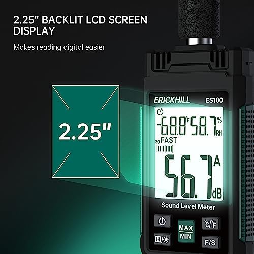 Decibel Meter, ERICKHILL ES100 Sound Level Meter 30-130dBA Portable SPL Meter with Large Backlight Display, Noise Meter with Fast/Slow MAX/MIN Data Hold for Home, Noisy Neighbor, Factory, Office