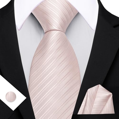 Image of Barry.Wang Solid Striped Tie for Men Silk Necktie Pocket Square Cufflinks Formal Wedding Party Business