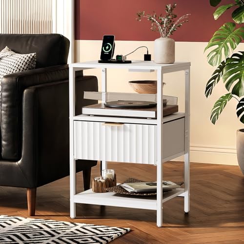 Image of VINGLI White Nightstand with Charging Station and Fabric Drawer, Fluted Night Stand /Bedside Table, Small Night Stand with Charger Station for Bedroom, Dorm, 14.96 inch W*11.81 inch D*23.7 inch H, 1 pc