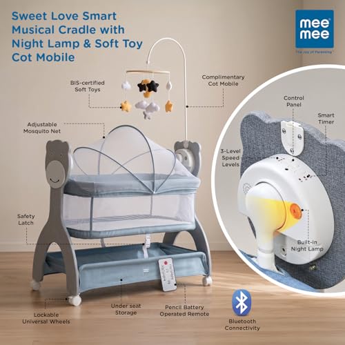Image of Mee Mee Sweet Love Automatic Electric Cradle with Cot Mobile | Built-in Soft Night Lamp | Remote 3-Speed Swing | Soothing Music & Bluetooth | Smart Timer | Lockable Wheels | Baby Bassinet 0-12 Months