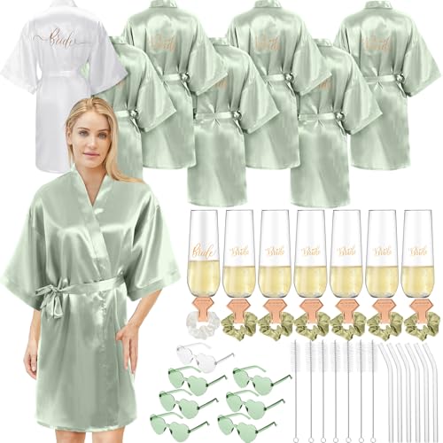 Panitay 42 Pcs Bridal Robes Sets Bride Robes Bridesmaids Proposal Gift Heart Sunglasses Champagne Flutes for Wedding Party
