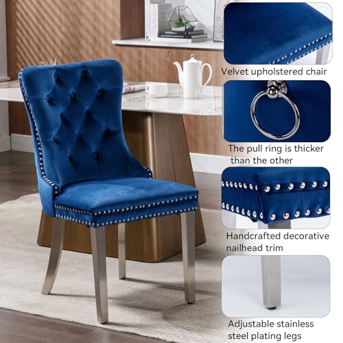 Image of 9 Pieces White Faux Marble Extendable Dining Table Set, 63 inch-94 inch Rectangular Expanding Kitchen and Dining Room Table Set for 8 with Mirrored Acrylic Base & Blue Velvet Upholstered Chairs