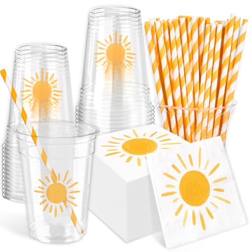 JarThenaAMCS Boho Sun Tableware Set Yellow Sunshine Paper Napkins Disposable Plastic Cups with Lids and Straws for 50 Guests First Trip Around The Sun Birthday Baby Shower