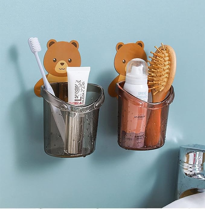 YEKDA 2 Pcs Plastic Stand for Toothpaste Teddy Bear Tooth Brush Holder Comb, Brush, Cream, Lotion Kids Bathroom Cup Drain Waterproof Self-Adhesive(Multi Color)