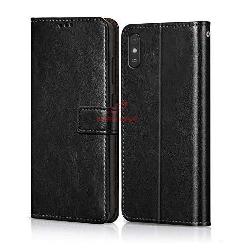 Image of Inside Rubber TPU with Card Pockets Magnetic Closure Protection Compatible with Xiaomi Redmi 9A, M2006C3LG, M2006C3LI, M2006C3LC (Black)
