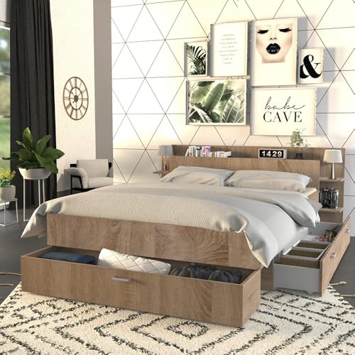 WEBER INDUSTRIES Lit Samba 140x190cm + tête de lit + 2 tiroirs/Décor Chêne Blanchi