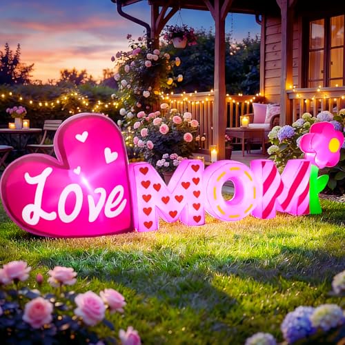 Opemon 9FT Mothers Day Inflatables Outdoor Decorations Love Mom Mothers Day Blow Up Yard Decoration with Flower & Heart Built in LED Lights for Party Holiday Garden Lawn Home Decor