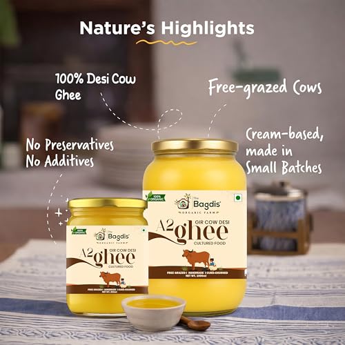 Image of The Bagdis Organic A2 Gir Cow Ghee | Hand-Churned Cultured Bilona Ghee| Grass-Fed | 100% Pure & Natural Ghee Glass Bottle 1000ml (Pack of 2)