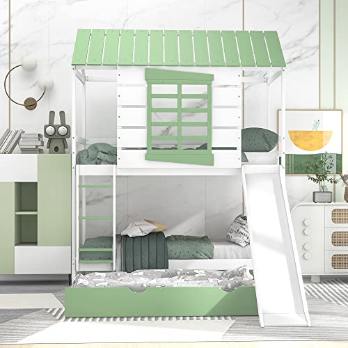 P PURLOVE Twin Over Twin Bunk Bed with Convertible Slide and Trundle, Wood Bunk Bed Frame with Ladder, Full-Length Guardrail, House-Shaped Bed with Roof, Window, for Girls Boys, White and Green