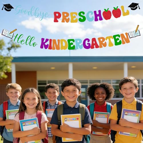 Image of Preschool Graduation Decorations Banner - Pre-Strung Glitter Goodbye Preschool Hello Kindergarten Garland for Pre K Grad Children Graduate Party Decor