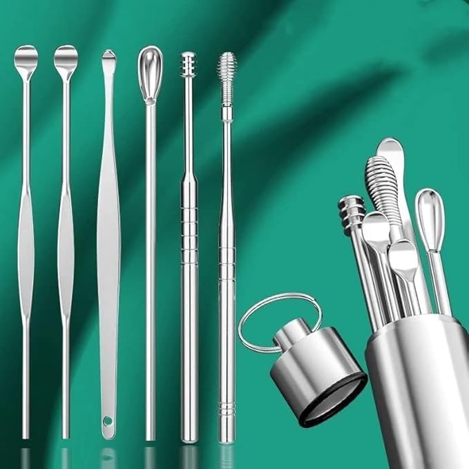 Image of 3 PACK 6-in-1 Ear Wax Cleaner - Resuable Ear Cleaning Tools with Aluminum Tube - Ear Pick Wax Remover Tool Kit with Ear Curette Cleaner and Spring Ear Buds Cleaner Fit in Pocket Great for Traveling