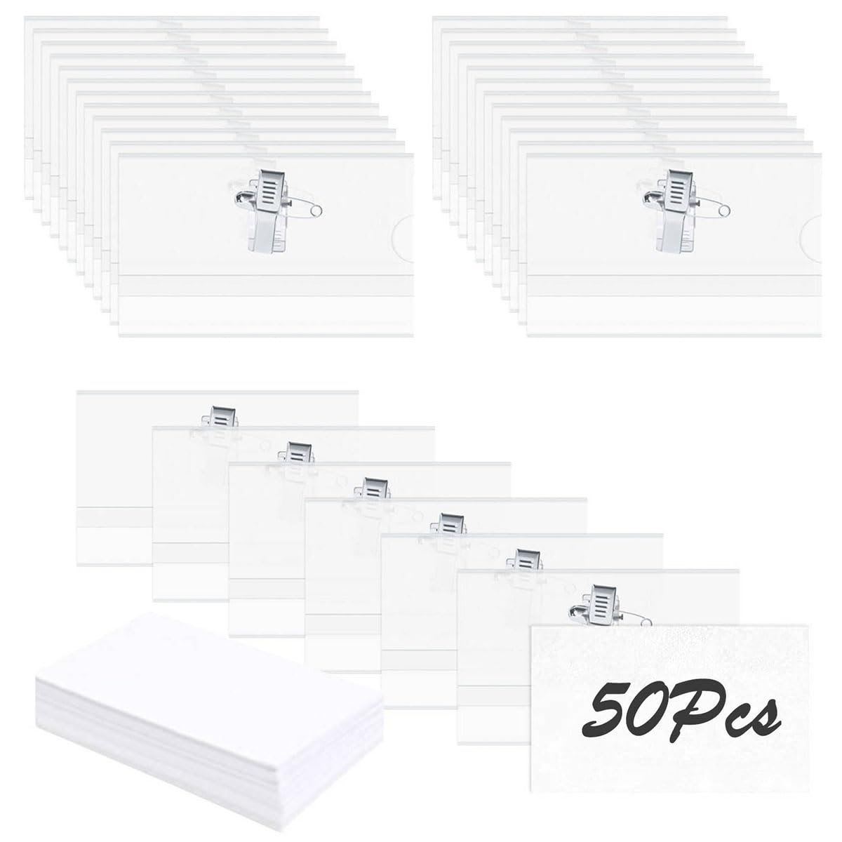 Lot de 50 badges nominatifs avec pince crocodile et épingle de sûreté, porte-noms transparents avec épingles horizontales, idéal pour l'école, les collèges, les bureaux, les événements d'entreprise