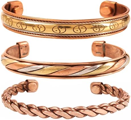 Touchstone Indian Hand Crafted Magnet Copper Bracelet Chakra Jewelry Cuff Gift Women Men. Set of 3