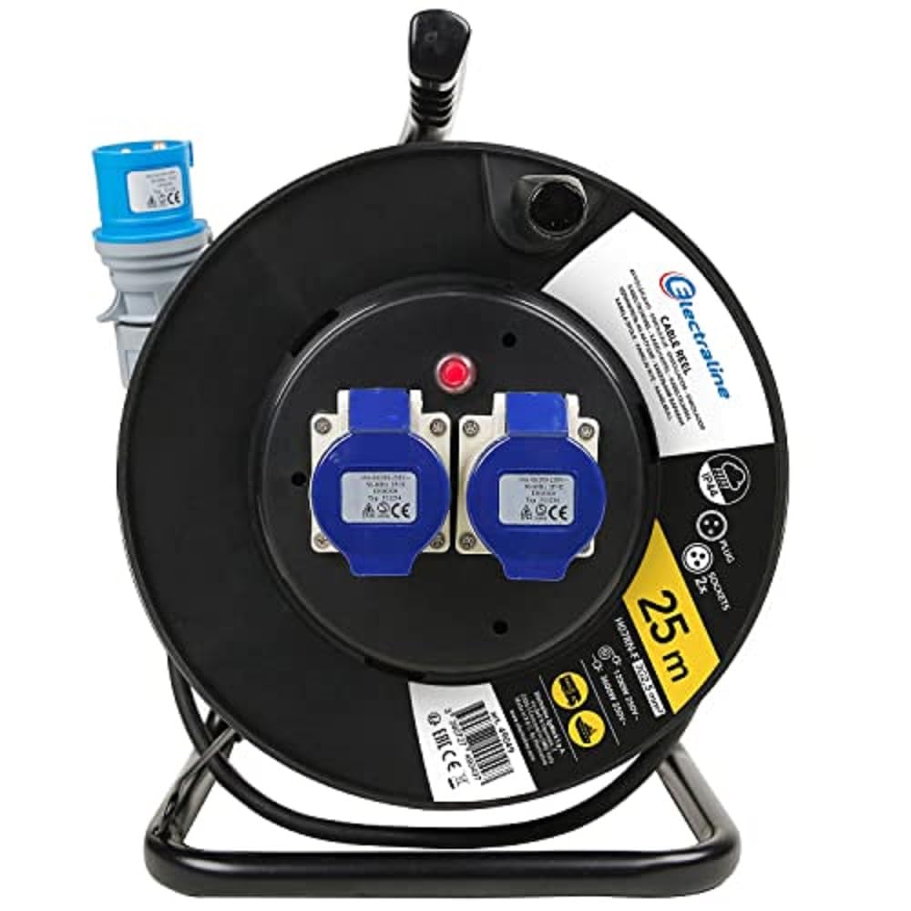 Electraline 49049 Prolunga in Gomma con Avvolgicavo 25 m, 2 Prese Industriali IEC, Spina a 3 Poli CEE Adatto per Camper, Campeggio, Caravan, Barca, Can, Nero/Blu