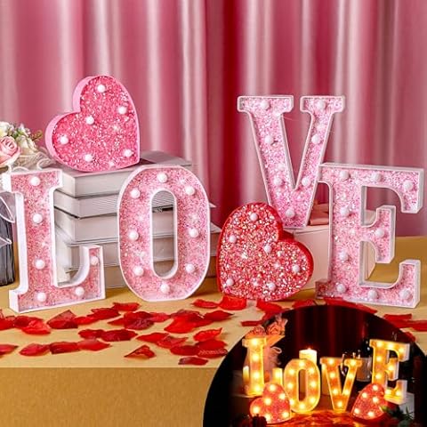 Baquler Valentine's Day Pink Love Lighted Marquee Signs Table Decor Wall Hanging for Romantic Night Battery Operated LED Light up Glitter Love Letters for Holiday Wedding Home Room Decoration Cover