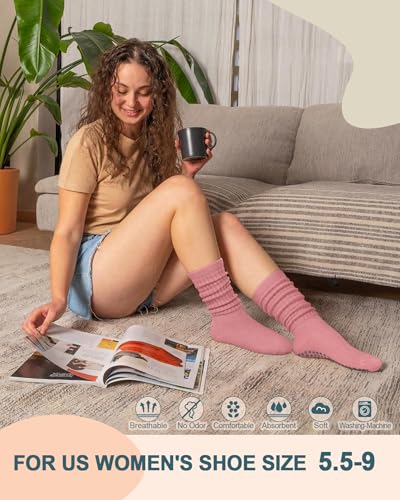 Image of yeuG Pilates Grip Socks for Women Yoga Slouch Socks with Grip for Barre Knee High Boot Socks Long Scrunch Slipper Socks