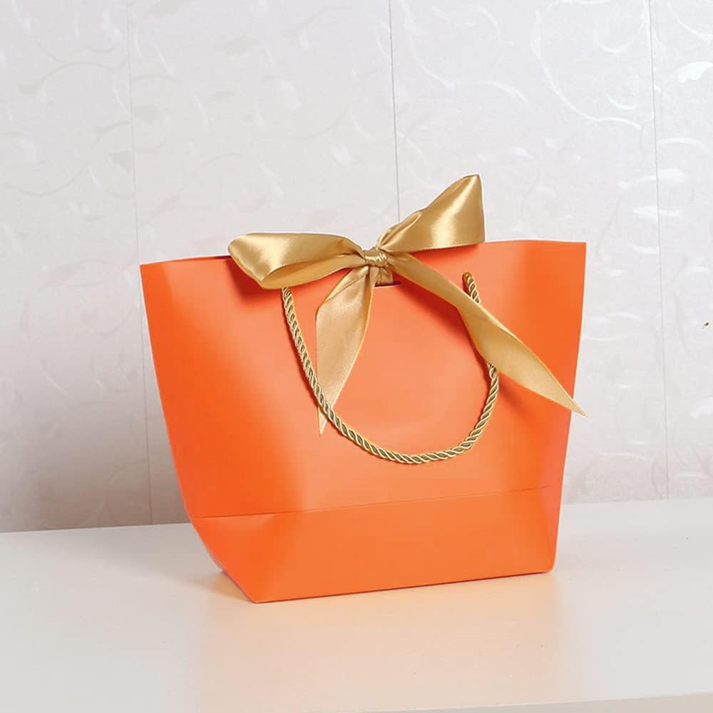 10 sztuk torebek papierowych, torebek na prezenty z wstążkami, 42 x 27 x 30 x 12 cm, torebki na prezenty z uchwytami do pakowania prezentów na urodziny, wesele, imprezę, Boże Narodzenie, dożynki, pomarańczowe