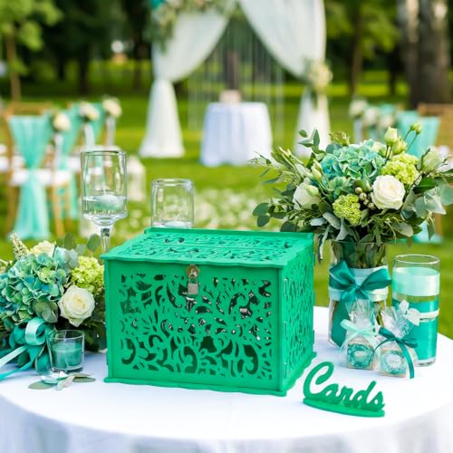 Image of OurWarm Green Wedding Card Box with Lock, Elegant PVC Gift Card Box for Party for Wedding Reception Decorations, Versatile Honeymoon Fund Boxes for Bridal and Baby Shower Events