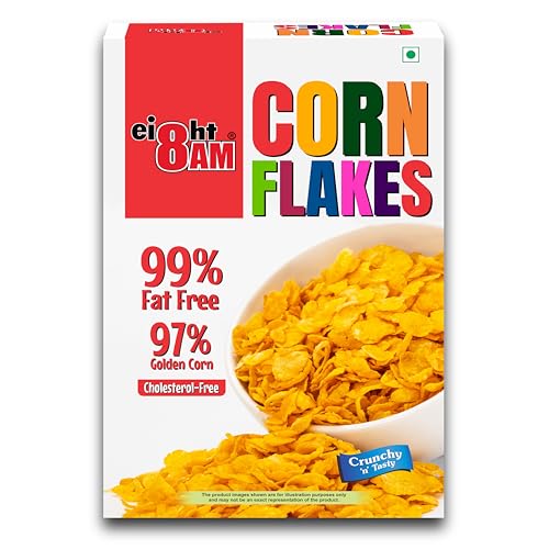 Image of 8AM Corn Flakes 500 Gram, 97% Corn, 99% Fat Free, No Cholesterol, Trans Fat, Artificial Additives, Vitamins B1, B2, B3, B6, B9, Iron, Calcium, Crunchy & Nutritious Cereal