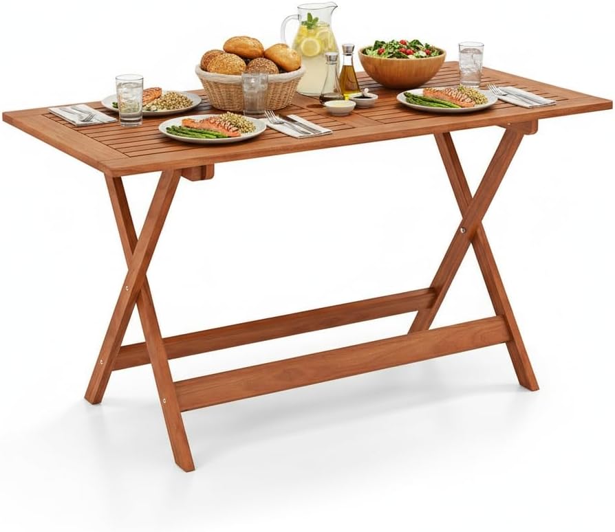 Tangkula 54.5-Inch Patio Dining Table, Solid Wood Folding Outdoor Table with Teak Painting & 2" Umbrella Hole, Rectangular Outside Dining Table for Balcony, Deck, Porch, Backyard