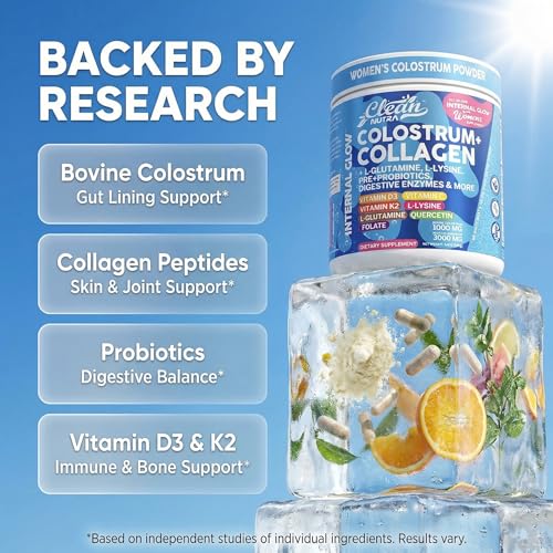 Image of Bovine Colostrum Powder + Collagen Peptides with L-Glutamine L-Lysine Prebiotics Probiotics Digestive Enzymes Vitamin D K2 C Quercetin & Folate | Gut Health Supplement Internal Glow By Clean Nutra